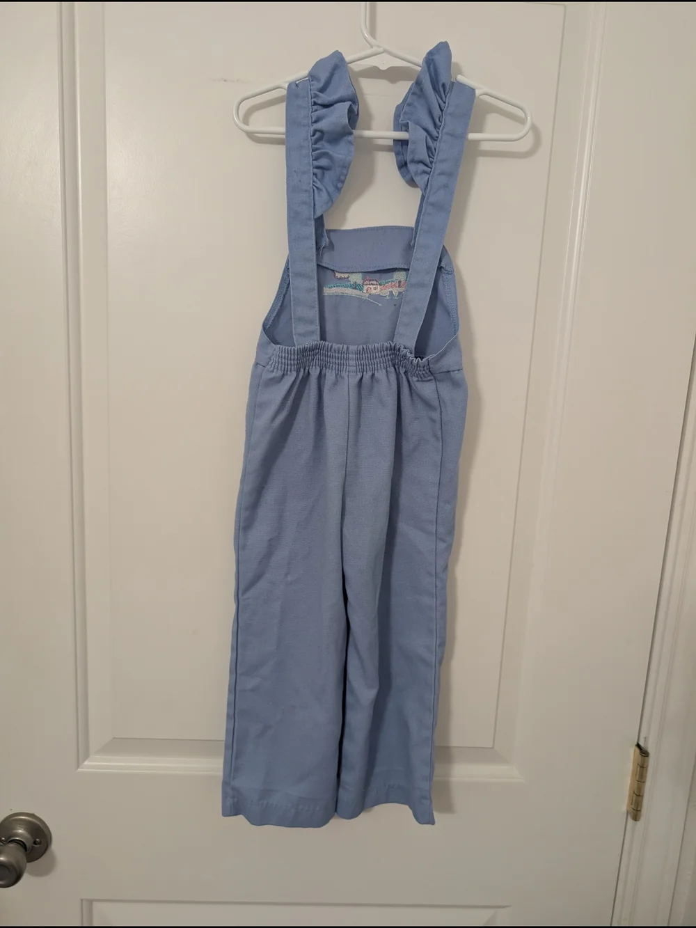 Vintage Light Blue Ruffled Strap Overalls with Farm Embroidery Cottage Core‎